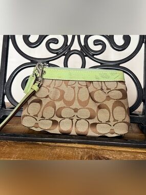 Coach Beige Signature Canvas Wristlet with Lime Trim
